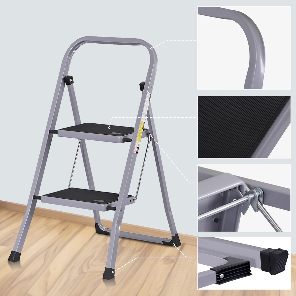 2 Step Ladder Folding Step Stool w/ Soft Grip Handle & Wide Pedal Indoor Gray