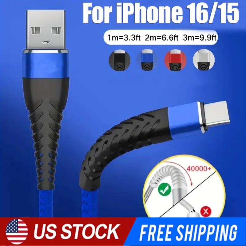 For iPhone 17 Pro Max 15 Plus USB-A Cable Fast Braid Type C Charging Data Cord