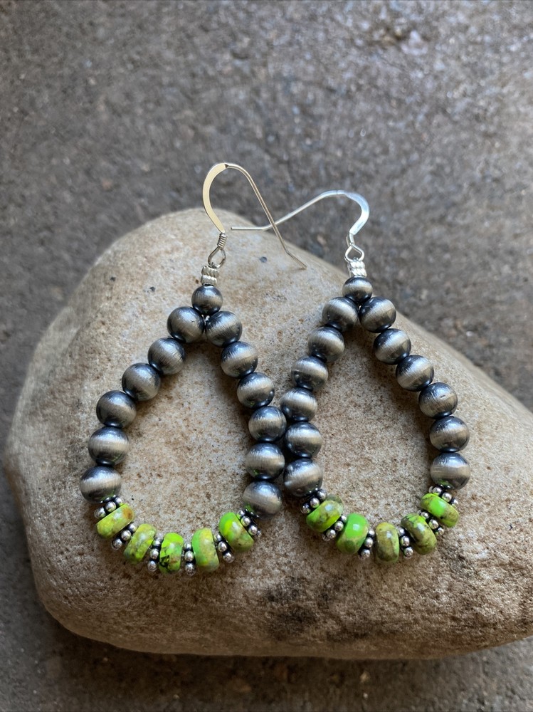 Sterling Silver Green Turquoise W Pearls Bead Loop Earrings.