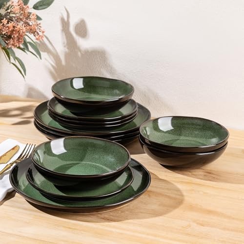 Ceramic Dinnerware Sets for 4,Wavy Service for 4-12pcs Wavy-Modern Green