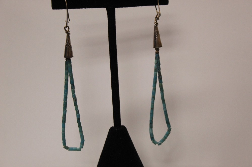 Native American SS Turquoise Beaded Drop Earrings (062PID)
