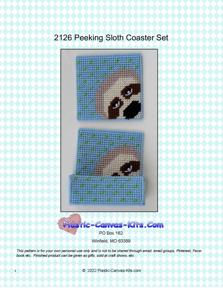 Peeking Sloth Coaster Set-Plastic Canvas Pattern or Kit