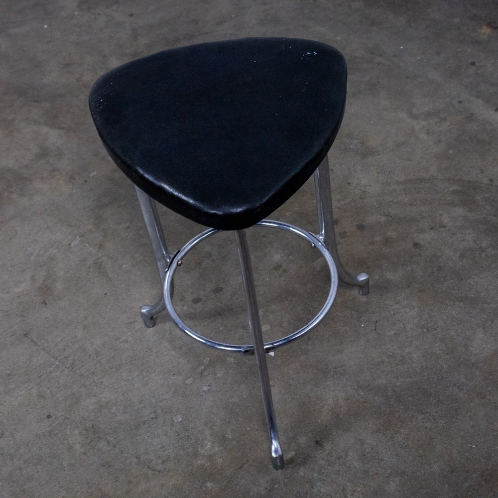 Art Deco Streamline Moderne Low Stool Solid Chrome Legs & Black Vinyl Seat