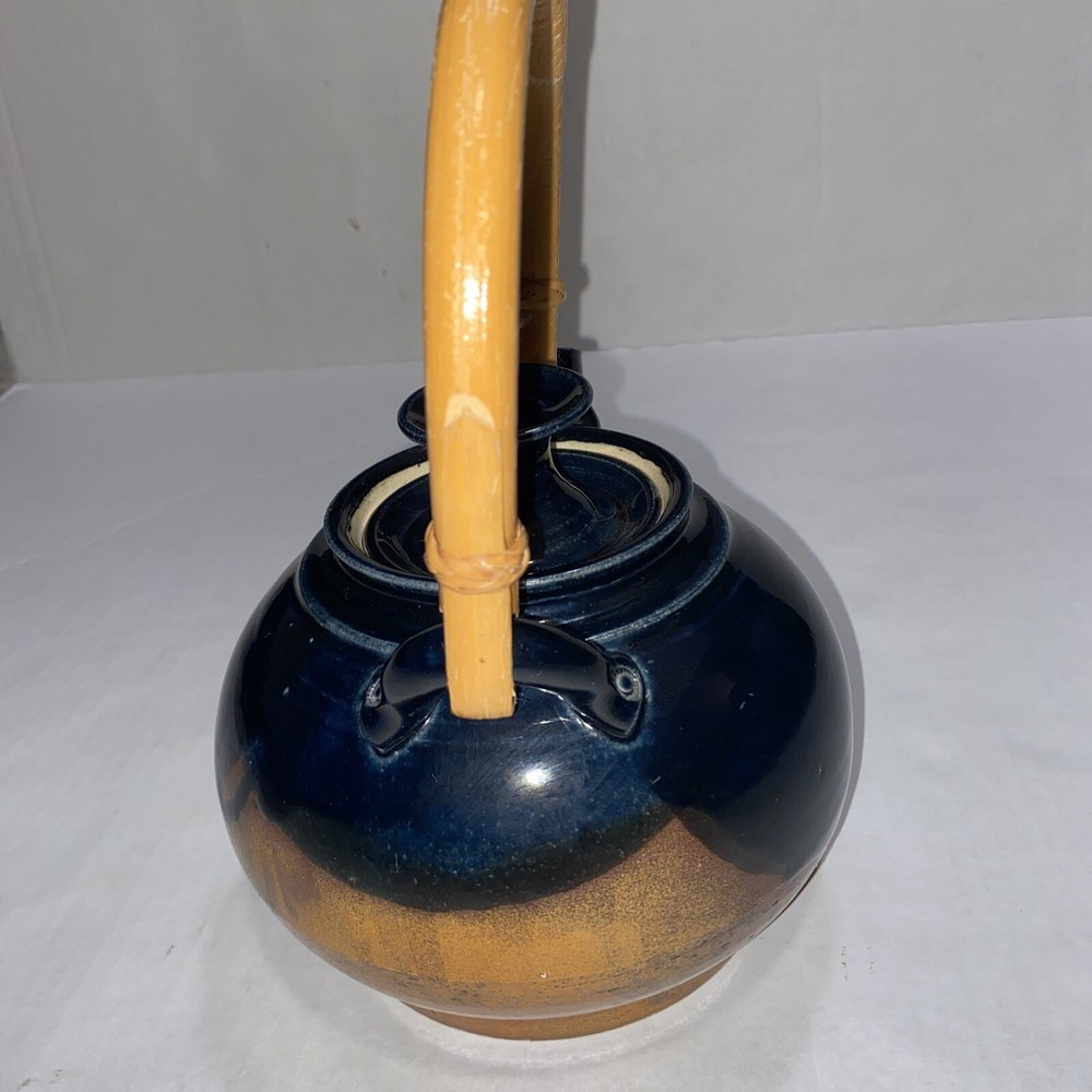 Teapot Signed Pottery Bamboo Handle Blue; Kitchen Decor