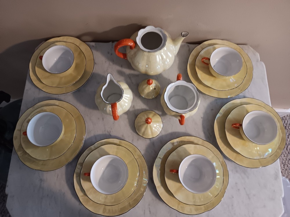 23pc German Yellow Lusterware Porcelain Tea Set