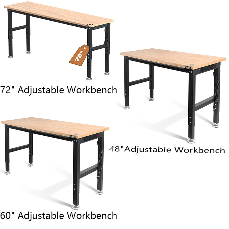 WORKPRO 72"/48''/60''Adjustable Workbench Rubber Wood Top Heavy-Duty Workstation