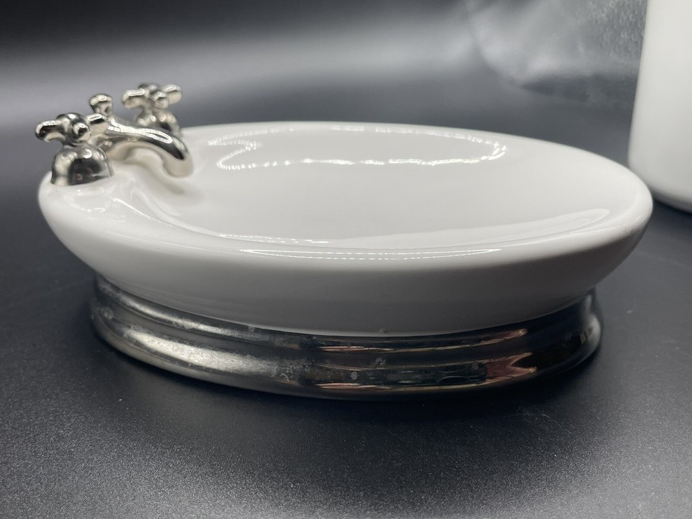 2 pc Set- Ceramic Toothbrush & Soap Dish/ White Bathroom Decor.