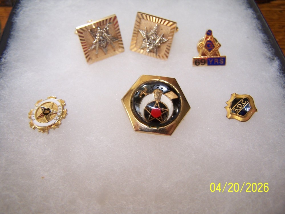 Vintage Masonic Pinbacks & Cufflink = Bolo Slide