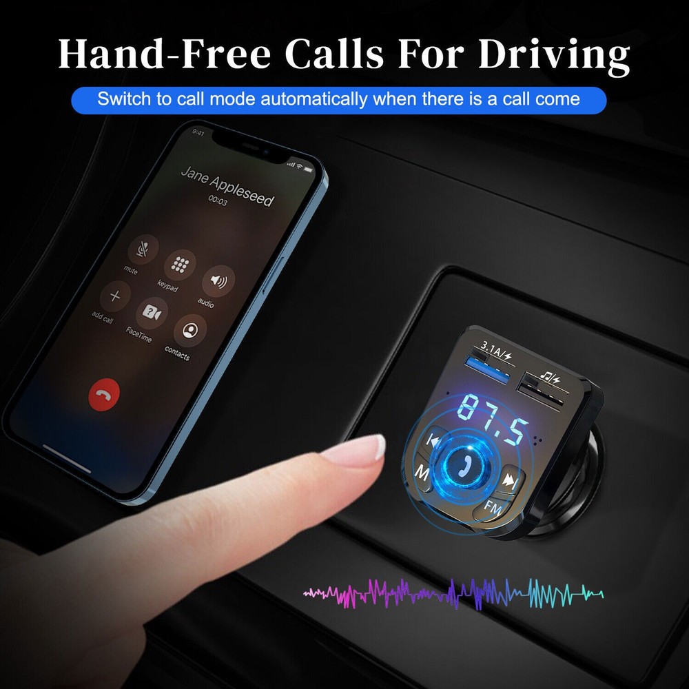 Bluetooth 5.0 Car Wireless FM Transmitter Adapter 2USB PD Charger AUX Hands-Free