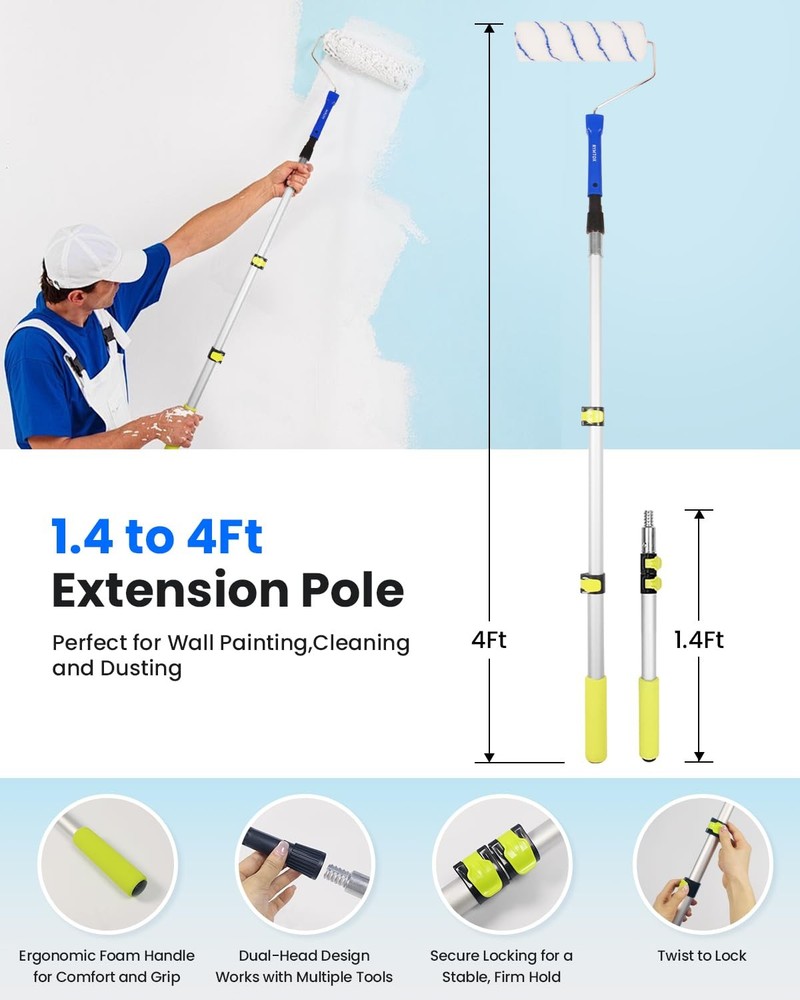 33PCS Paint Roller Kit with Extension Pole | 2–4 FT Pole | 9" & 4" Paint Roll...
