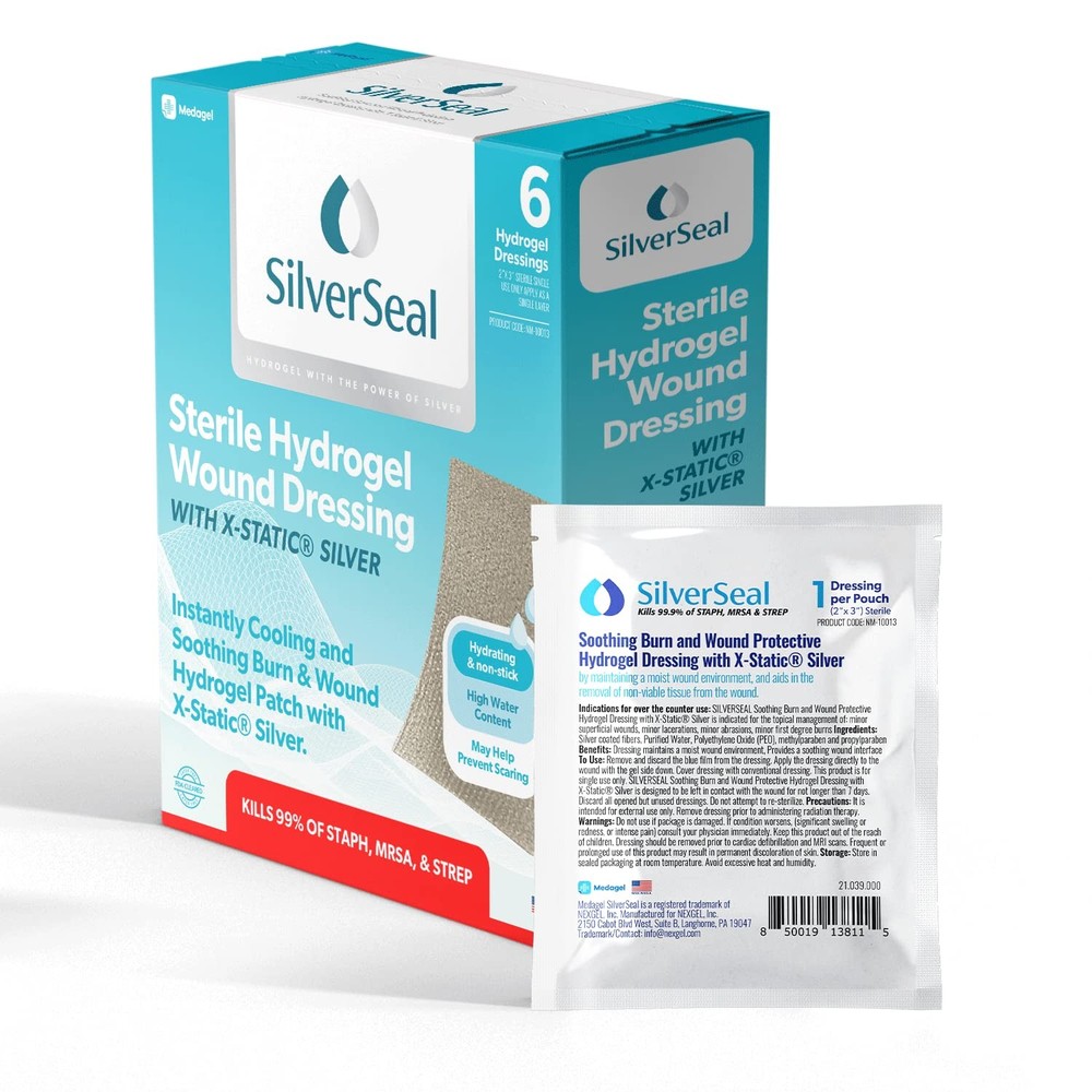 Hydrogel Burn & Wound Pads with Silver, 2"x3" Sterile, 6 Pack