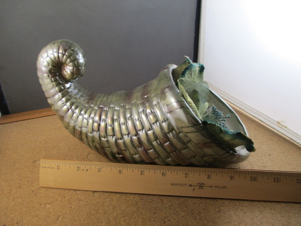 Green Ceramic Cornucopia Thanksgiving Table Decor & Silk Flower