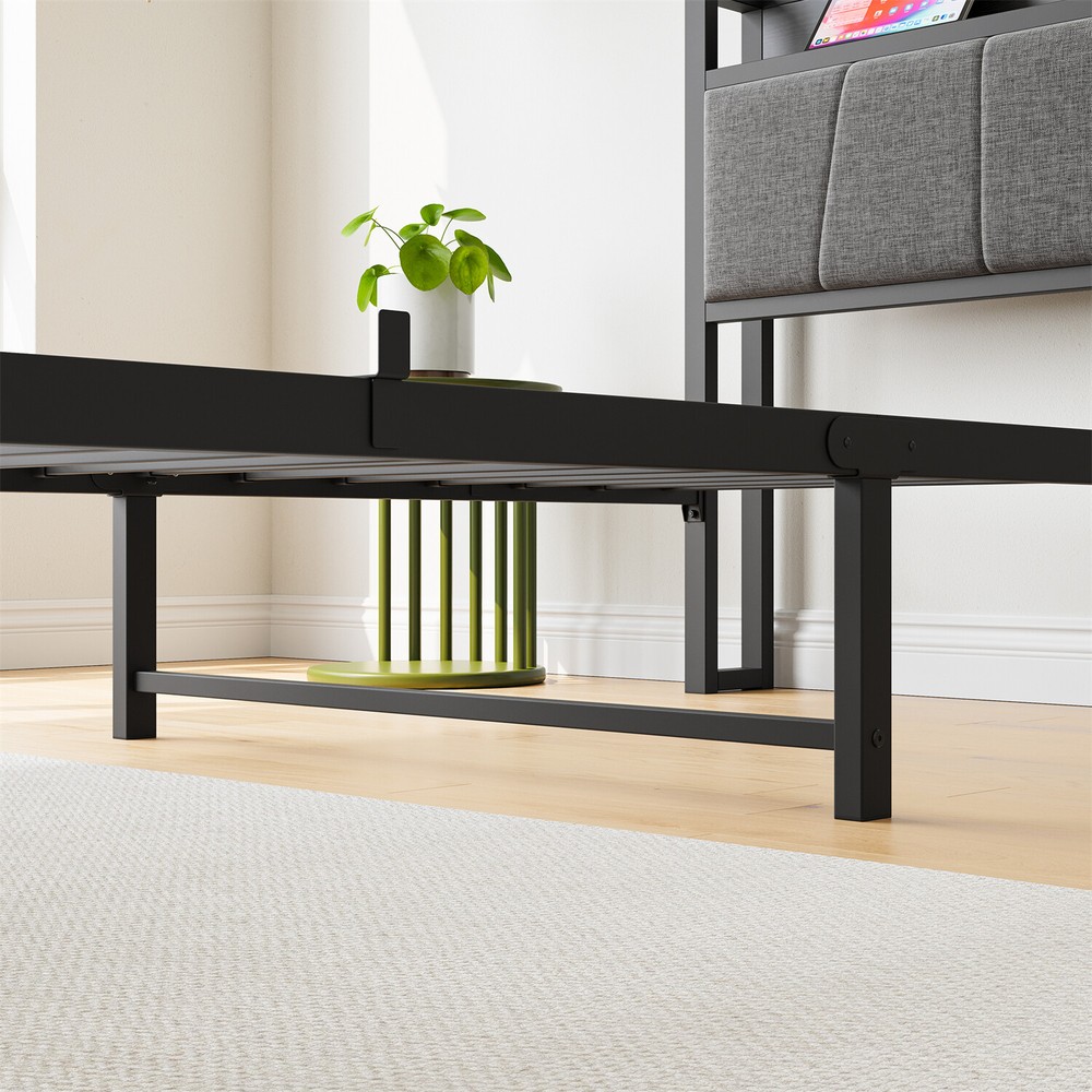 Twin/Full Size Bed Frame Metal Platform Bed Frame w/ Storage Headboard Black US