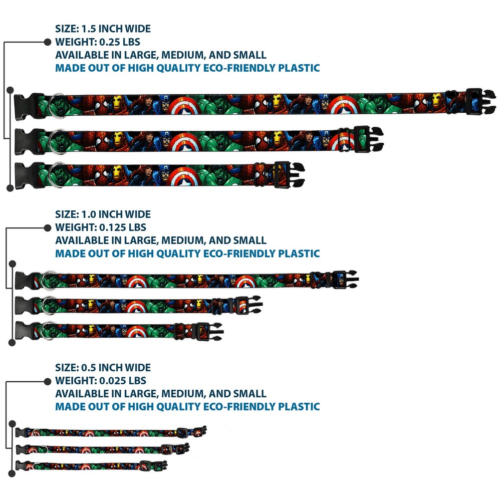 Plastic Clip Collar Marvel Universe Superheroes Stacked NARROW-Medium 8.5-12"
