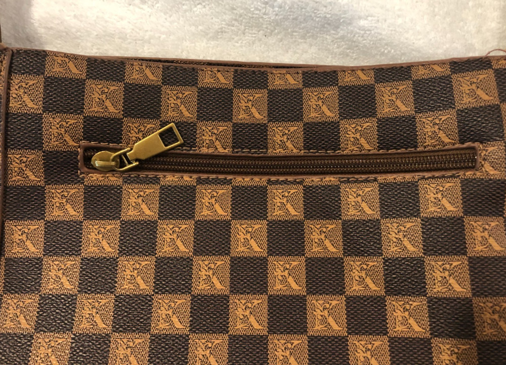Brown Checkered Shoulder Bag w/ Front Zip Pocket 12x9 in, 20" Strap