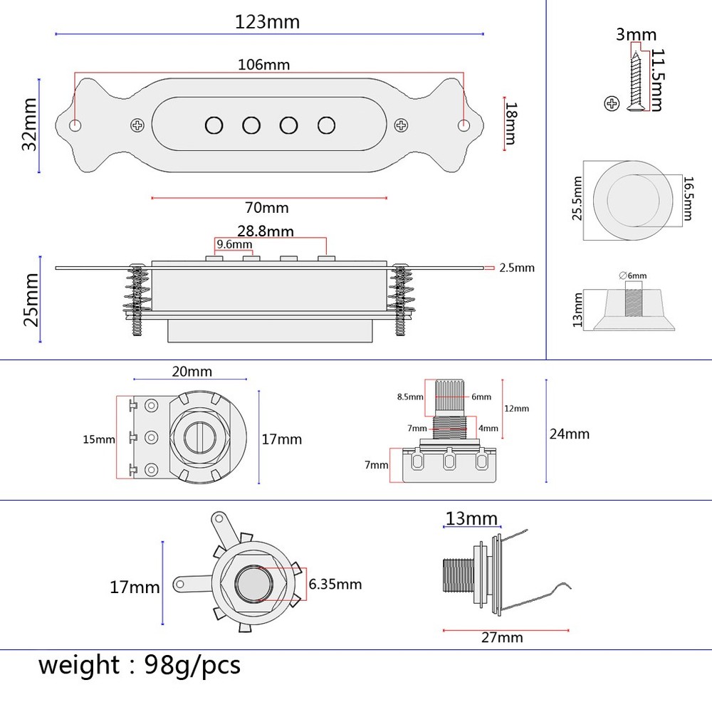 4 Guitar Pickup Volume Control w/ Volume Button for Ukulele