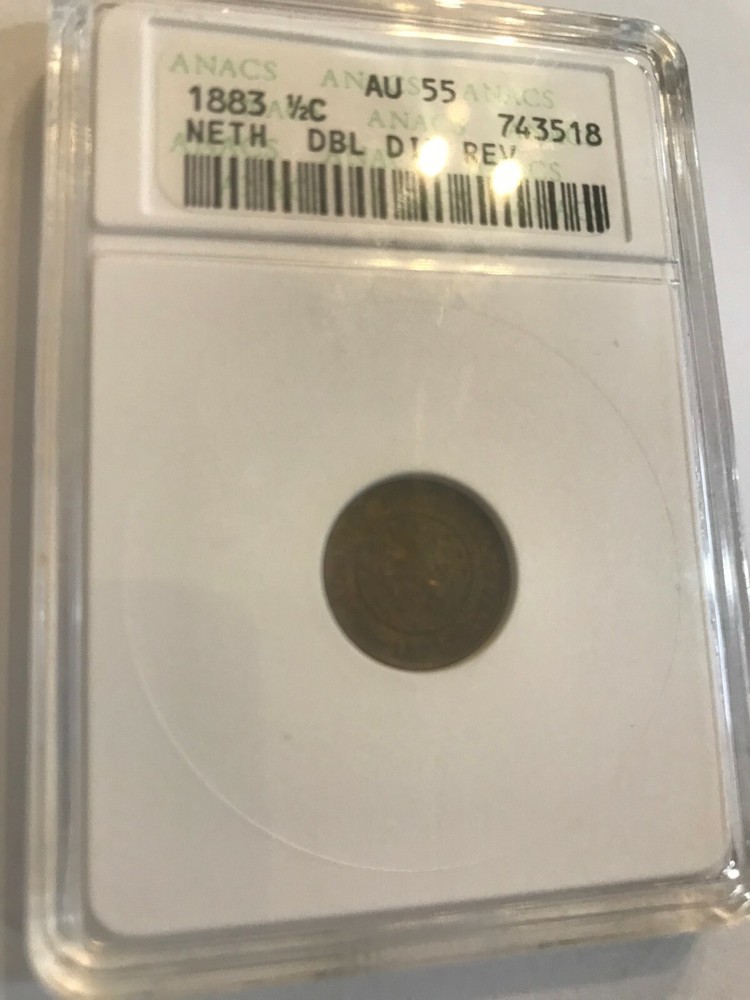 Rare 1883 Netherlands 1/2 Cent ANACS AU55 Double Die Reverse