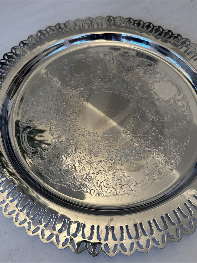 Home Decorators Inc Silver Plated Round Tray Platter pierced scalloped 13”