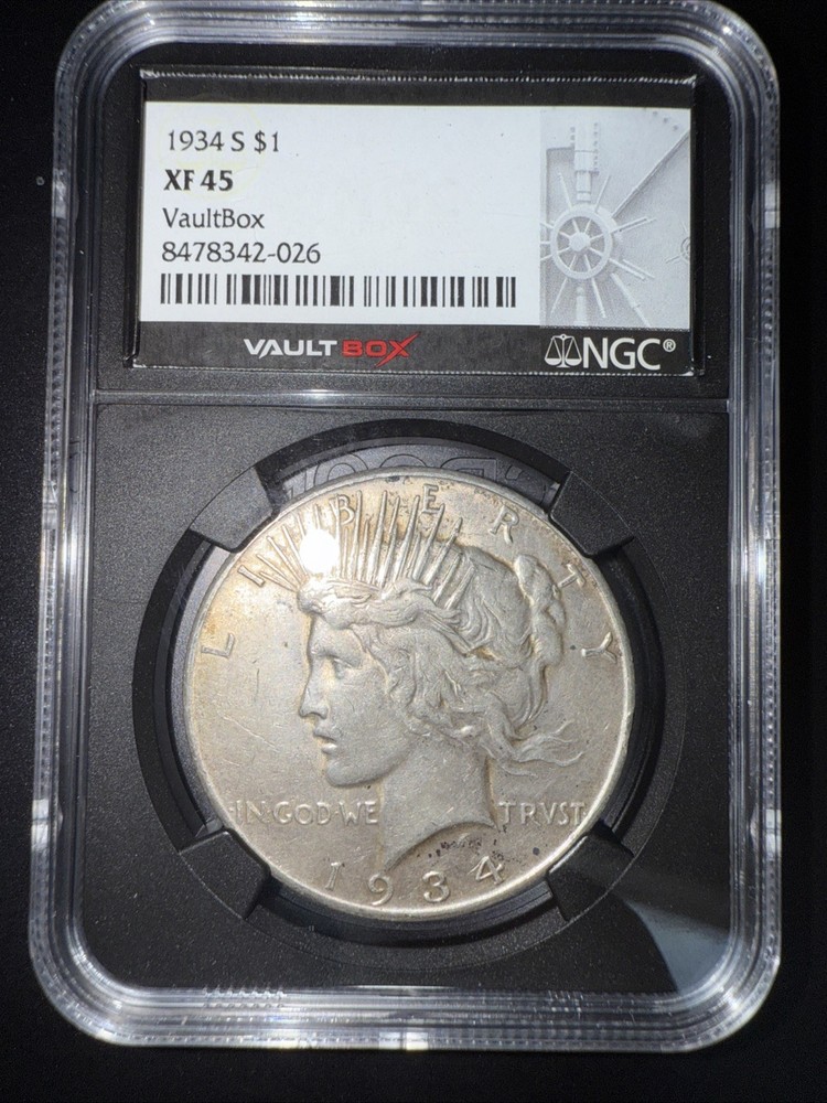 1934 S Peace Silver Dollar  XF45 Key Date Peace Vault box NGC