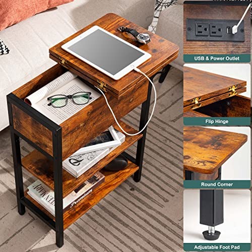 End Table with Charging Station, Flip Top Side Table with USB Berry Brown