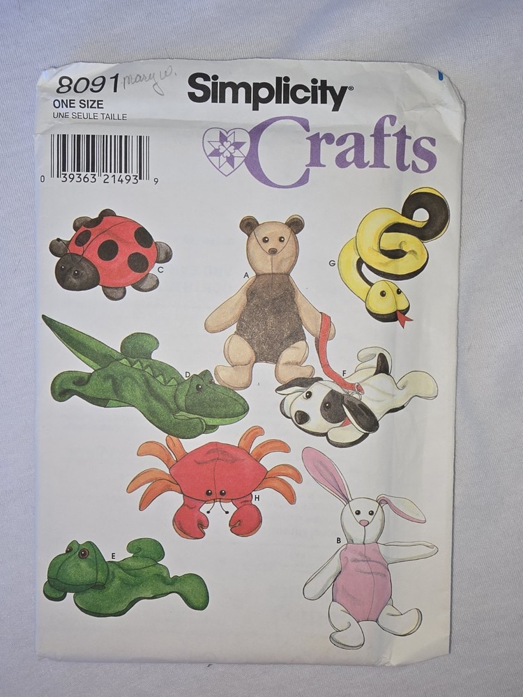 Simplicity 8091 Vintage Crafts Pattern Beanbag Animals Bear Snake Frog Dog NOS