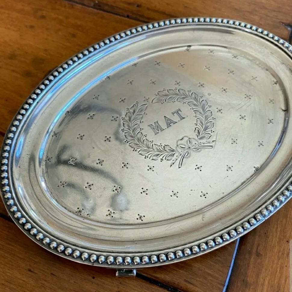 Antique Sterling Silver Footed Mini Tray w Beaded Edging & Engraved Monogram
