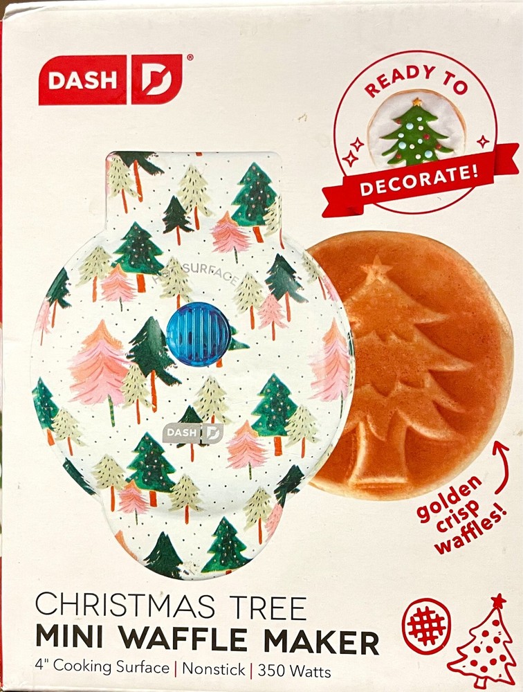Dash Christmas Tree Mini Waffle Maker 4" Cooking Surface Non Stick-350 Watts NEW