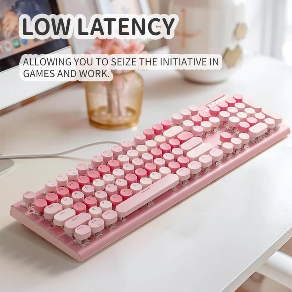 Cute Pink Keyboard Wired, with White Backlit Typewriter, Volume Knob, Light S...