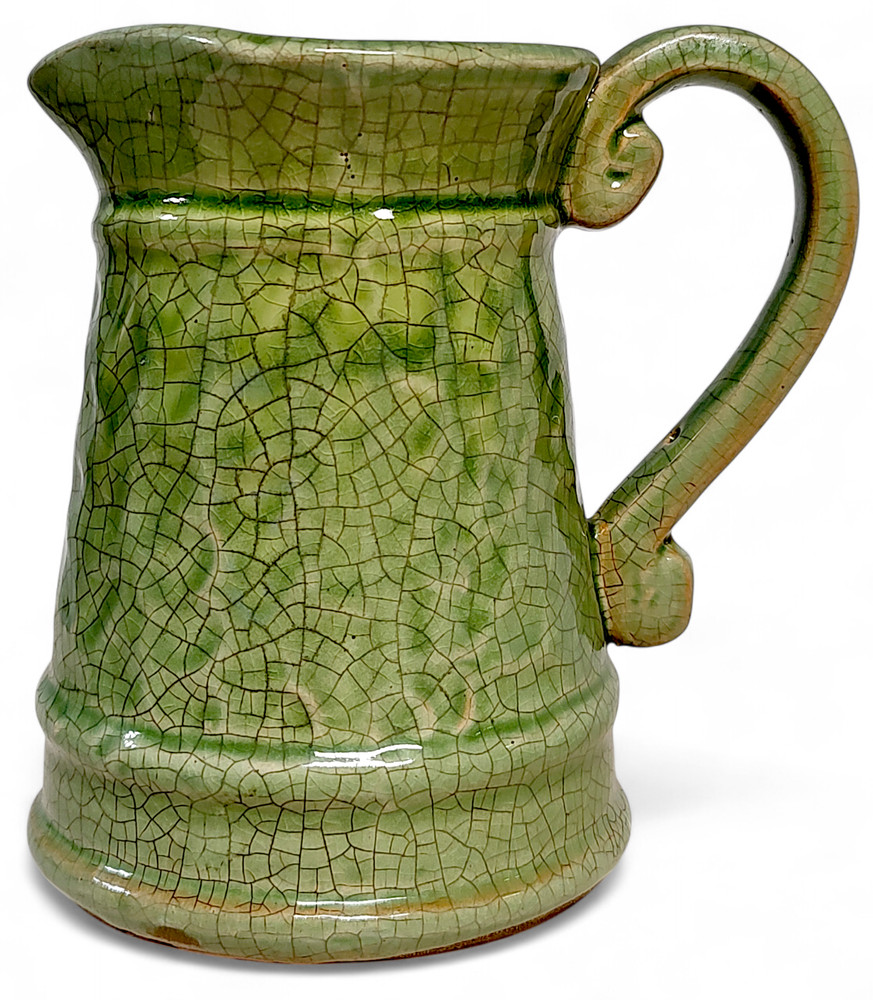 Vintage Crackle Ceramic Green Earthen Pitcher 6"