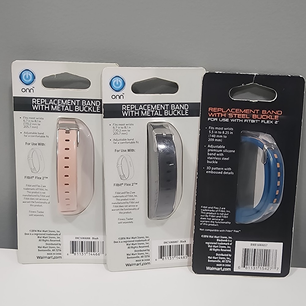 FITBIT FLEX 2 REPLACEMENT BANDS - BLACKWEB & ONN, BLACK , BLUE, PEACH 3-PACK