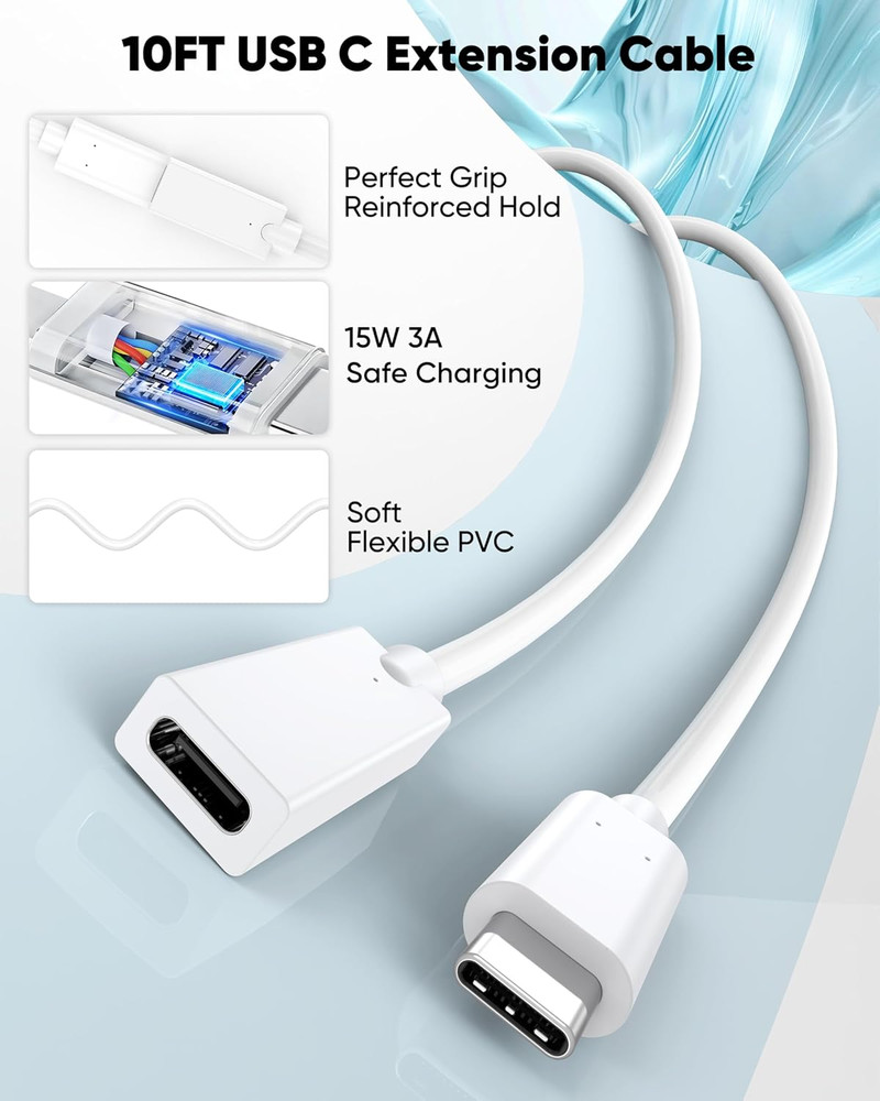 USB C Extension Cable 10FT 2-Pack,USBC Extender Cable 15W/3A Fast Charging & 480
