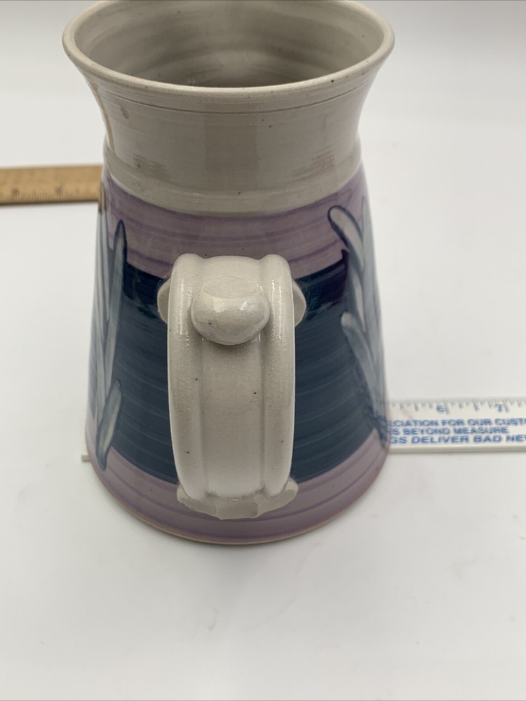 Hand Made Hand painted Pottery Pitcher Signed WP Blue Lavender White Leaves