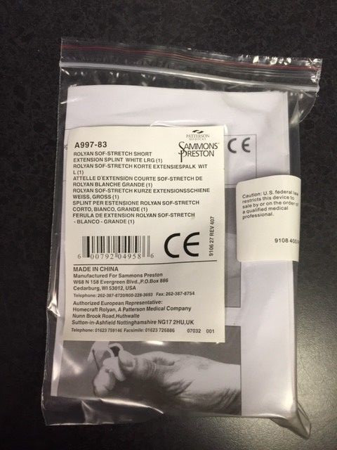 Patterson Rolyan Sof-Stretch Short Extension Splint, Large White A99783 (NEW)