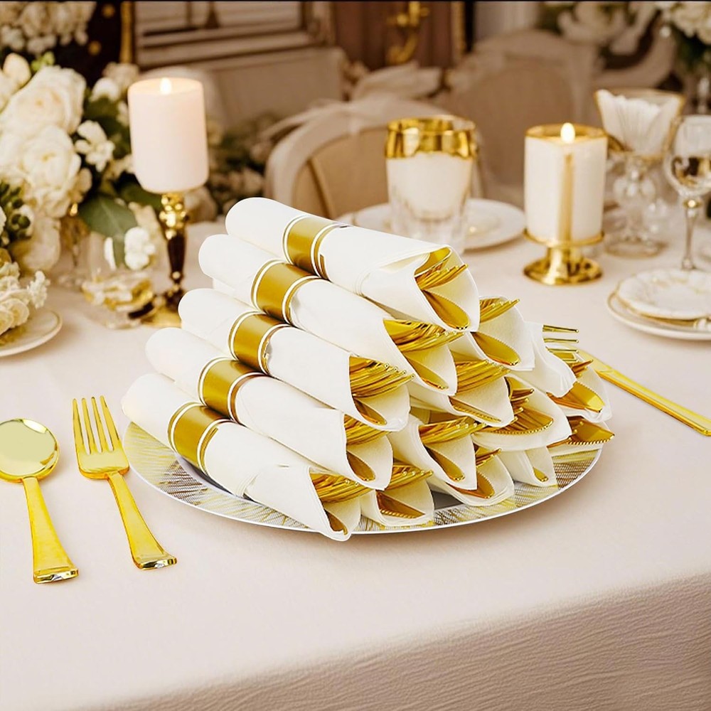 200PCS Disposable Pre-wrapped Silverware 50 Guests Elegant Gold Plastic