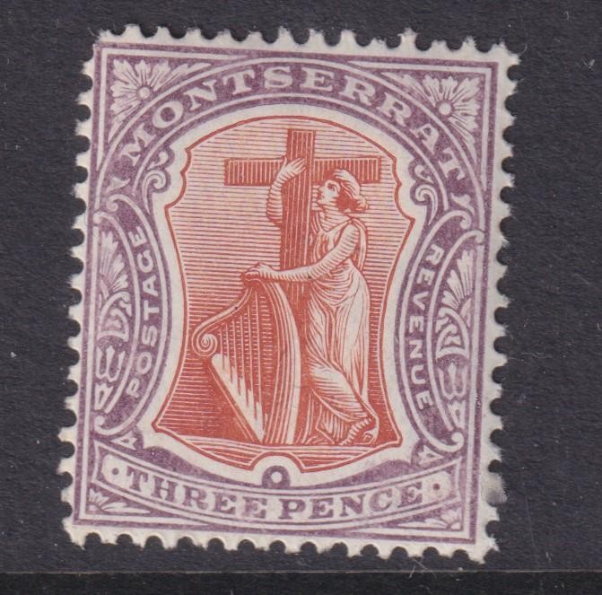 MONTSERRAT, 1908 Mult. CA, Chalky paper, 3d. Dull Orange & Deep Purple, lhm.