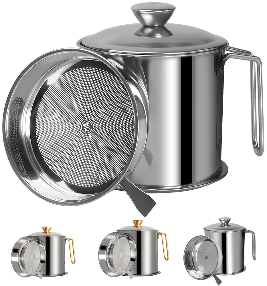 44oz Bacon Grease Container with Fine Strainer and Dustproof Lid for Kitchen