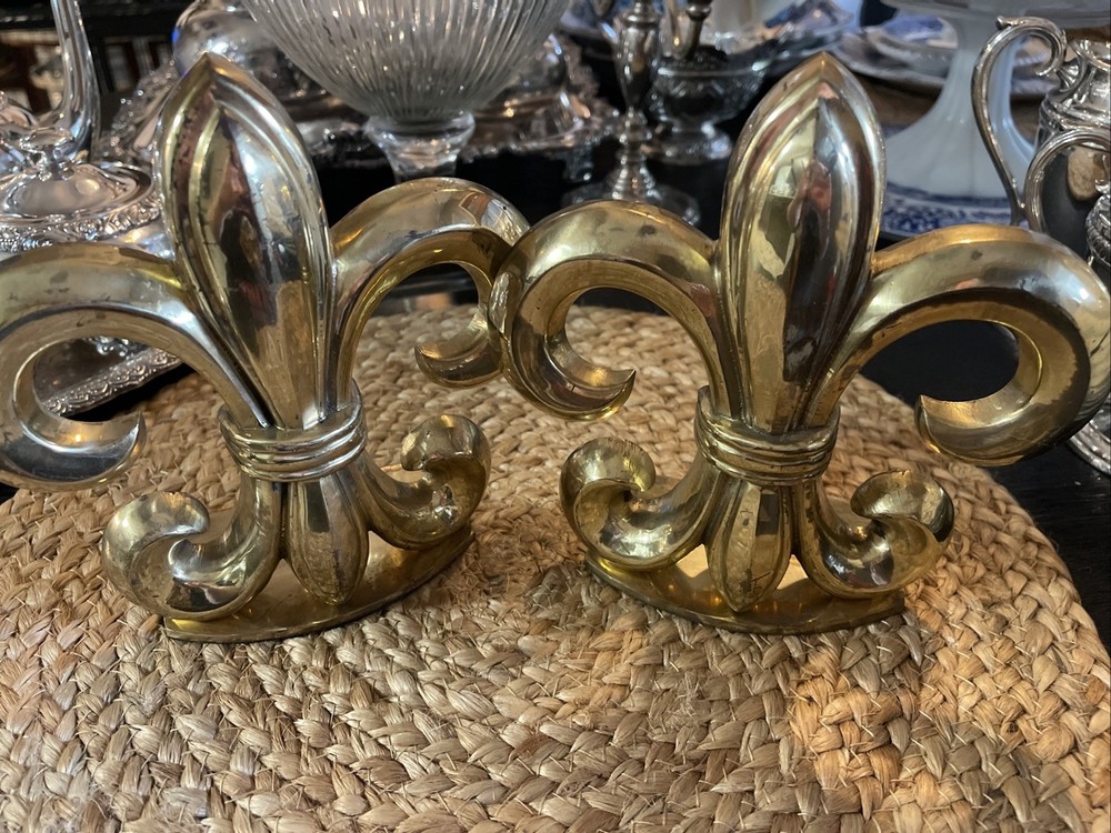 Vintage Brass Bookends Fleur De Lis Book Ends Solid Brass Hollywood Regency