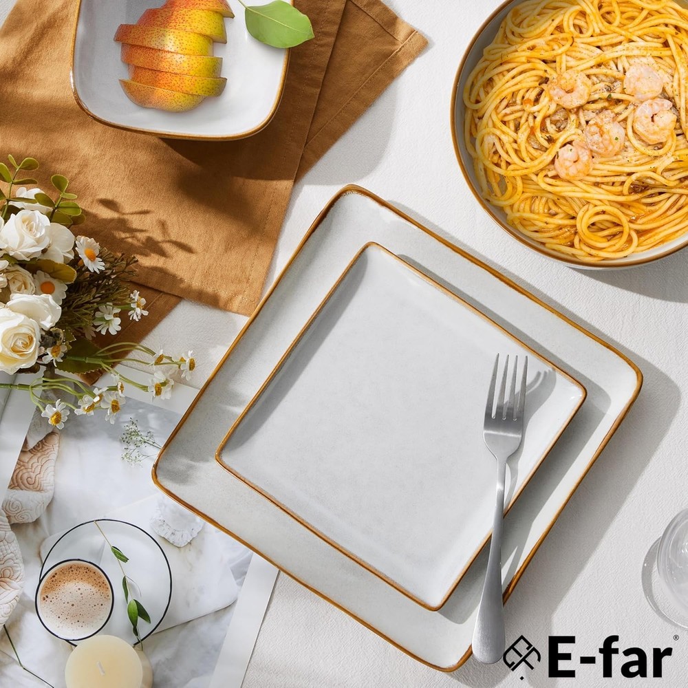 E-far Square Plates and Bowls Sets, 12-Piece Stoneware Dinnerware Sets for 4, Re