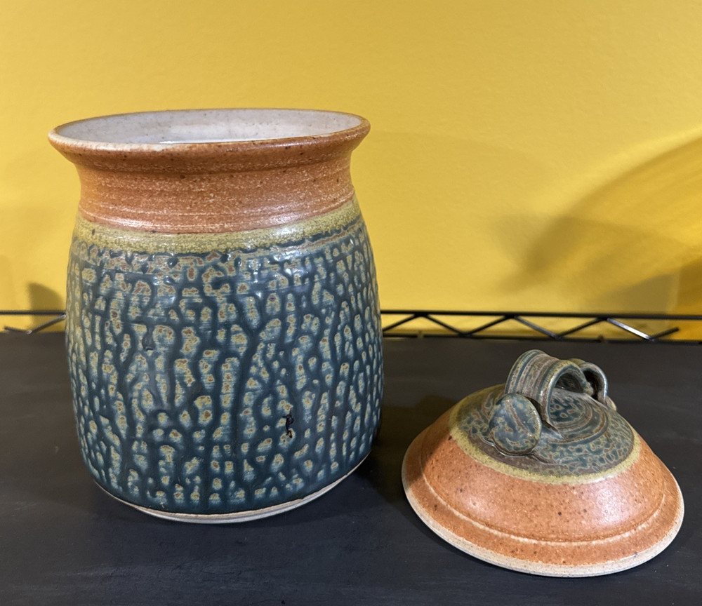 Royce Yoder Pottery Handmade Stoneware Canister – Tree Design, Green & Tan