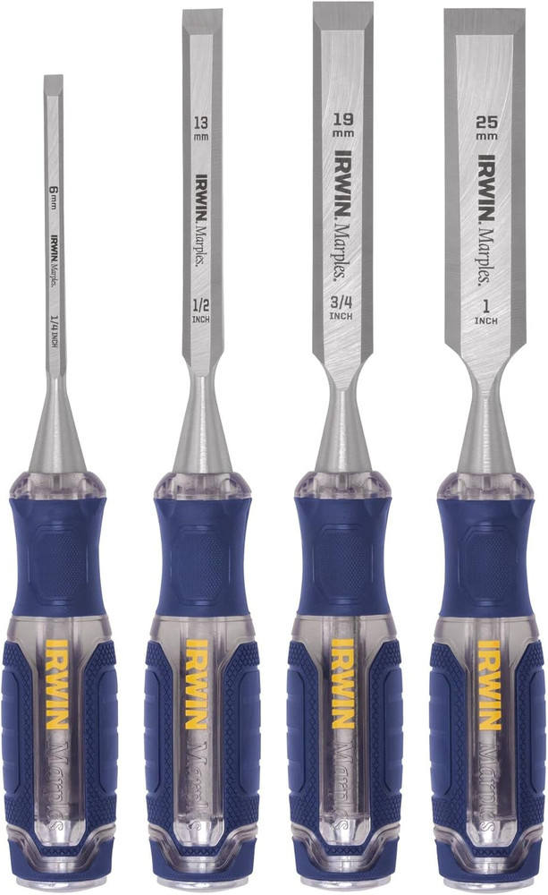 Chisel Set, Woodworking, 4-Pack, Extra-Long Strike Cap, Strong & Durable Steel C
