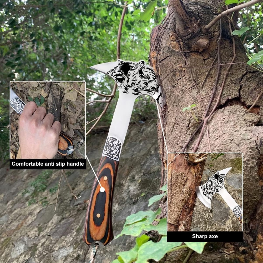 Camping Axe Survival Throwing Axe w/Sheath Wolf Head Tactical Tomahawk Camping
