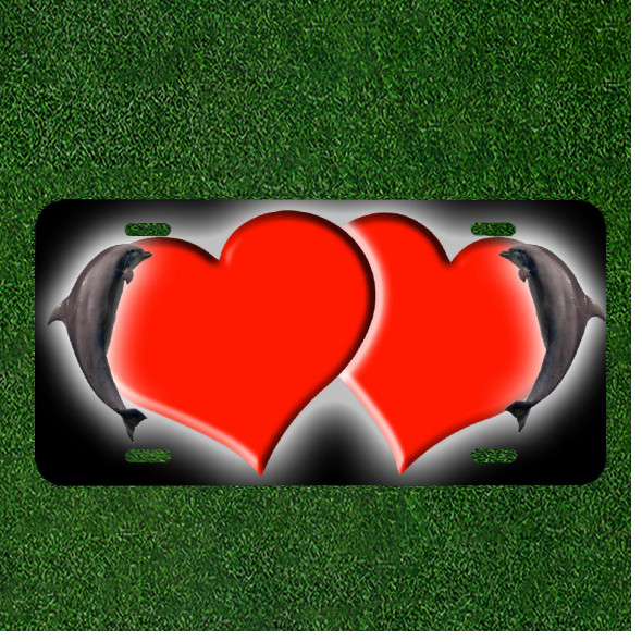 Custom Personalized License Plate Auto Tag With Red Dolphin Hearts Add Names