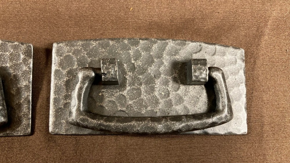 Pair Bail Pull Solid Cast Bass Hammered Pewter Finish Mission Arts Crafts Style