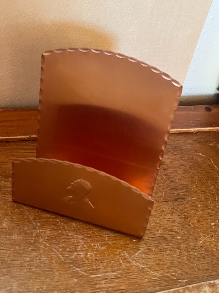 Vintage Small Solid Copper Letter Holder w Hammered Edge & Pondering Man Head –