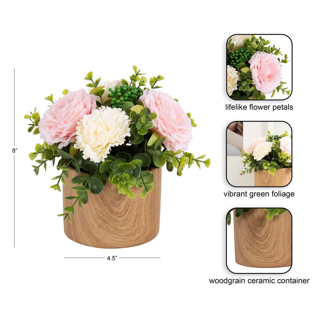 (2 pack 4.5” Artificial Floral in Wood Grain Ceramic Container