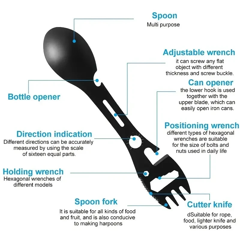 10-in-1 Multi Function Tactical Stainless Steel Fork Spoon Survival Tool Camping