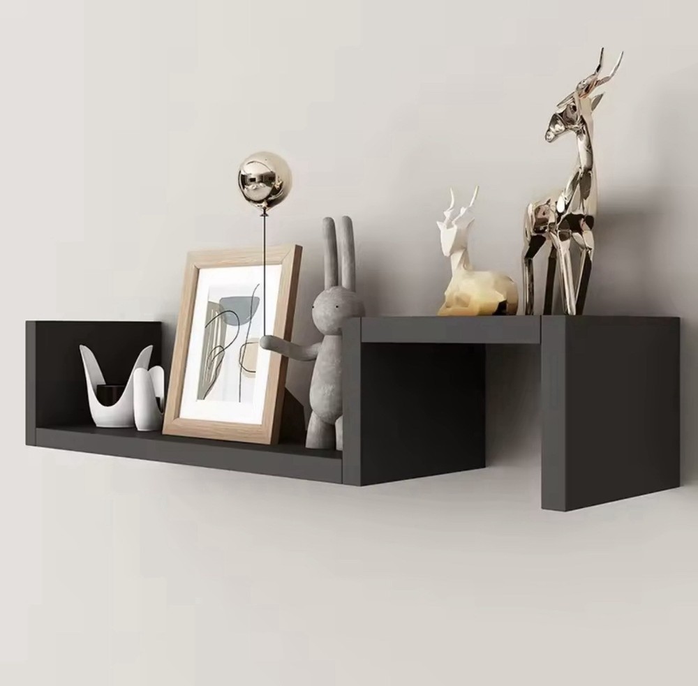 Set of 2 Black Wall Mounted Rectangular Wood Shelves Matte Finish