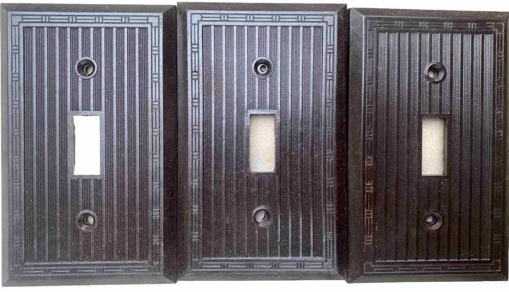 6 VTG Dashed Line Bakelite Brown Single Toggle Switch Plate Cover NOS. E9