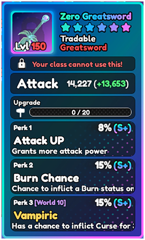 World Zero WZ - ZERO GREATSWORD - LVL 150 - S+ PERKS