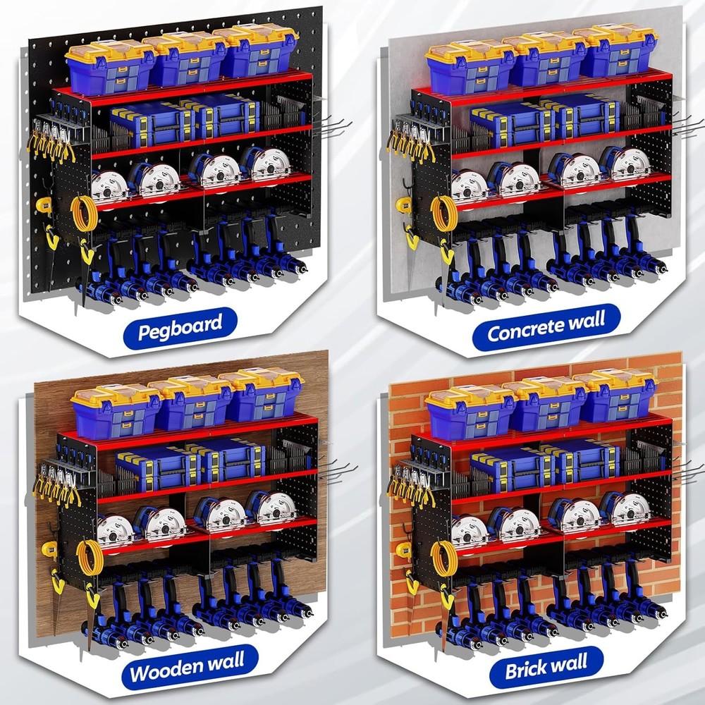Large Power Tool Organizer Wall Mount, 4 Layer Storage Rack with 8 Drill